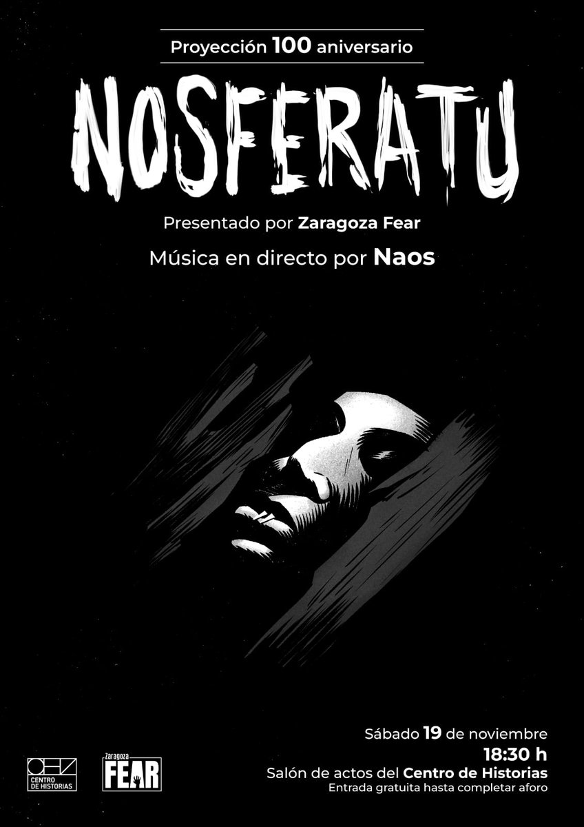 El 19 de noviembre, sábado, tenéis cita con #zgzfear en el Centro de Historias. Celebramos el centenario de Nosferatu con música en directo de Naos (ex Kyoto, Calavera) y una banda sonora alternativa a la obra maestra de Murnau. Entrada libre hasta completar aforo. Traed estacas.