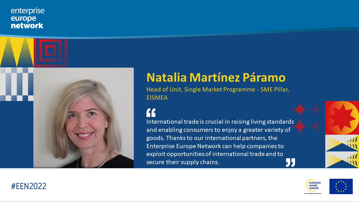 Trading internationally boosts economic growth and encourages businesses to be more competitive📈🚀 At the #EEN2022 Conference, we’ll discuss with Natalia Martínez Páramo, Head of Unit @EISMEA, how #EENCanHelp small companies tap into the opportunities of international trade🌐🙌