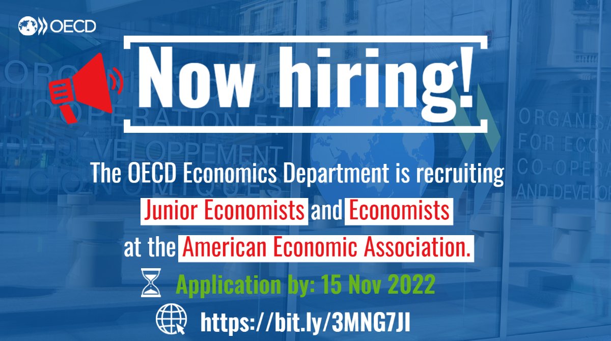 Are you a young professional holding or completing a PhD &amp; interested in climate economics and political economy❓

<a href="/OECDeconomy/">OECD Economics</a> is recruiting Junior Economists &amp; Economists at the American Economic Association.

📢 Deadline: 15/11 

👉 bit.ly/3MNG7JI