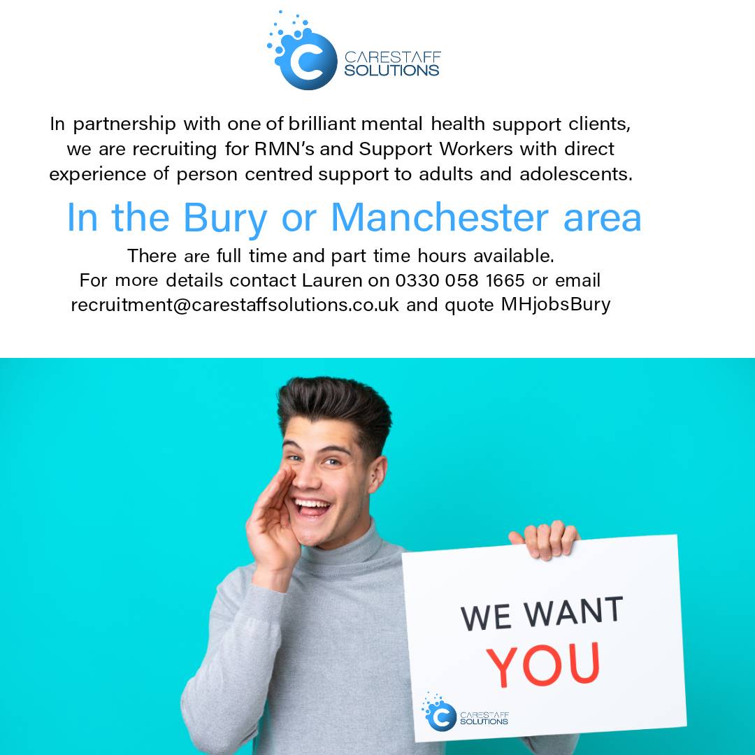 carestaff's tweet photo. Are you a RMN or Mental Health Support Worker looking for extra hours in the Bury or Manchester areas ?
#carestaffsolutions #Bury #Bolton #Manchester #Rochdale #Heywood #jobs #rmn #supportworkers #recruiting #joinus #mentalhealth https://t.co/439z7Obcy3