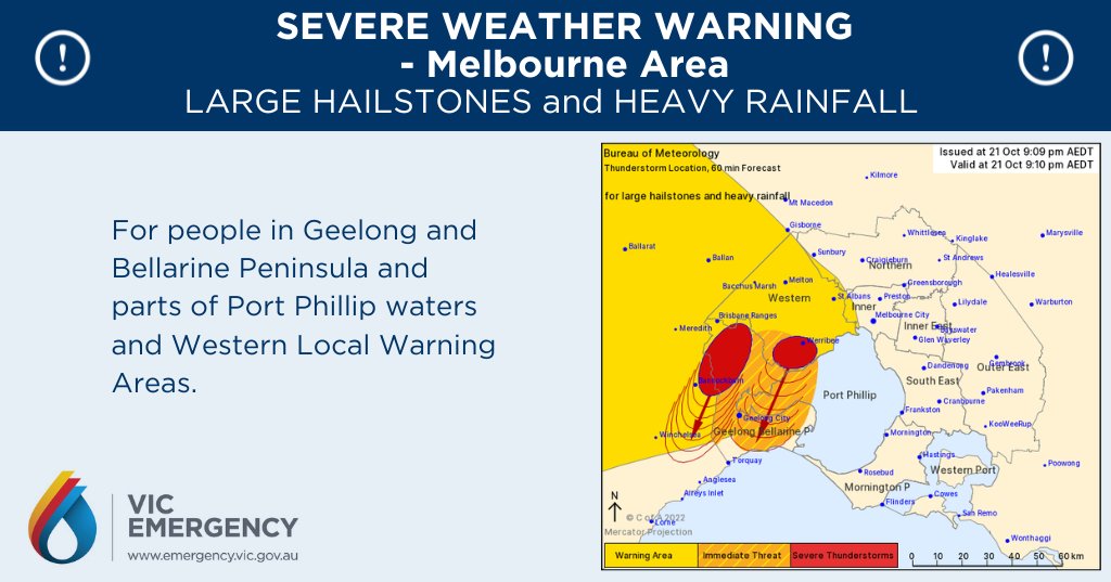 vicemergency's tweet photo. SEVERE THUNDERSTORM WARNING - Melbourne Area for LARGE HAILSTONES and HEAVY RAINFALL

For people in Geelong and Bellarine Peninsula and parts of Port Phillip waters and Western Local Warning Areas.

Stay informed https://t.co/T05ONtObdB https://t.co/sFvqjWlr9h
