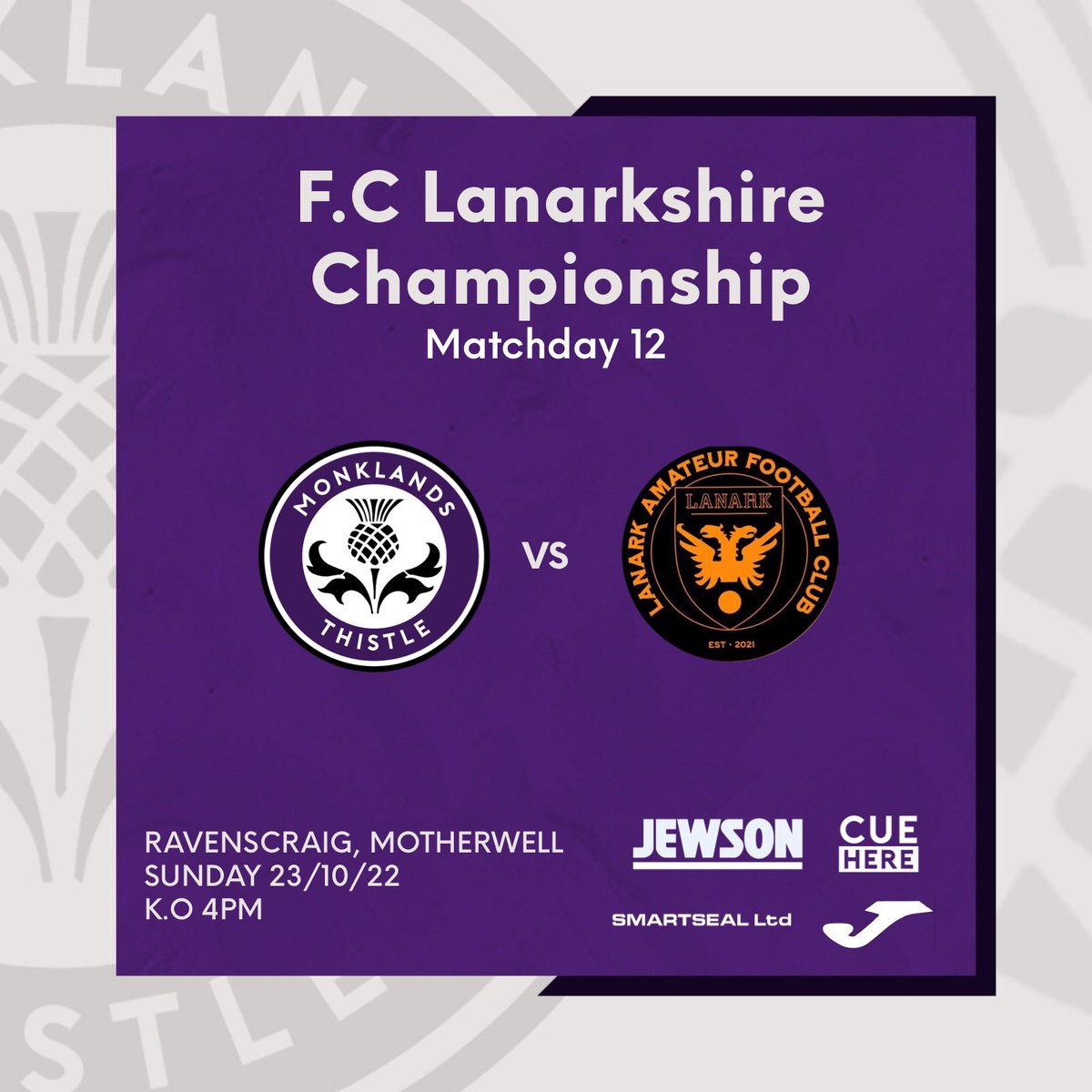 #FixtureFriday

🗓 Sunday 23/10/22
🏆 FCL Championship
🆚 Lanark AFC
🏟 Ravenscraig, Motherwell 
⏰ Kick Off 4pm

Thistle will be looking to continue with our strong performances as we take on Lanark this weekend. Come and support the lads as we fight for another 3 points
🟣⚪️⚫️