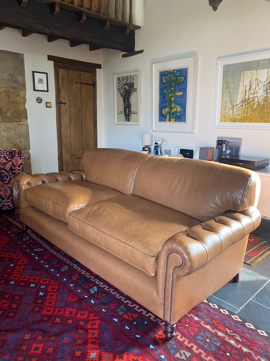LeatherChairsUK's tweet image. Custom made 3-seater Lansdown sofa with buttoned full scroll arms upholstered in Crest 'Old English Tan' leather, 2 big cushions instead of 3 #crestleather #lansdownsofa #howardsofa #leatherchairsofbath #customsofa #tuftedleather #leatherupholstery #leathersofa #leatherclubsofa