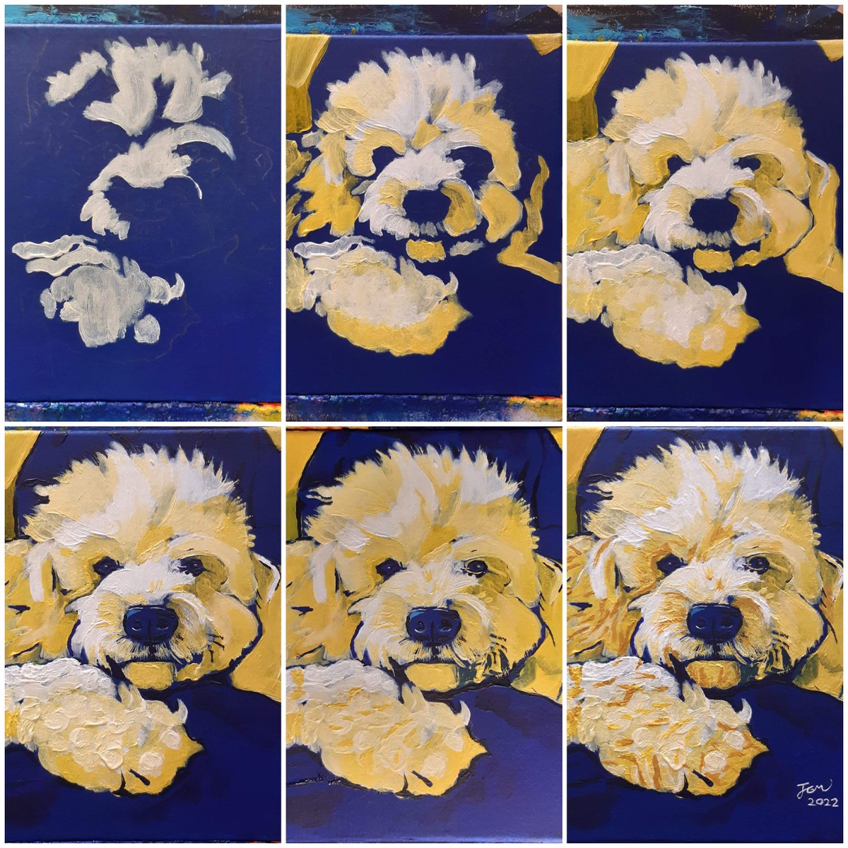 Evolution of 'Kayden'. 

#dalerrowney #dalerrowneyart #art #artist #painting #acrylicpainting #acryliconcanvas #dog #dogpainting #petportraitpainting #cavapoo #cavapoopainting #dogacrylicpainting