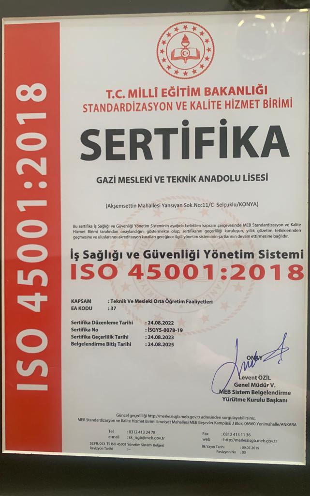 GaziSelcuklu's tweet photo. Okulumuz ISO 45001:2018 İş Sağlığı ve Güvenliği Kalite Yönetim Sistemi belgelendirme çalışmalarını tamamlayıp,Bakanlığımız denetimlerinden geçerek sertifika almaya hak kazanan Konya'daki ilk meslek lisesi olmuştur.
@TuranKAYACILAR 
@selcukluilcemem 
@konyamem https://t.co/tFG8YvivbY