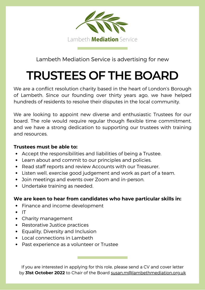 Exciting news - we're advertising for new Trustees! If you're enthusiastic about conflict resolution and supporting vital services for a local community, please get in touch with us. #Mediation #Trustee #Recruiting #Charity #Lambeth #ConflictResolution🫒😃