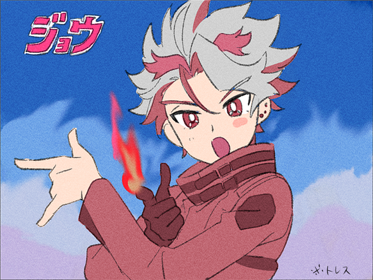 1boy male focus solo red eyes fire grey hair gloves  illustration images