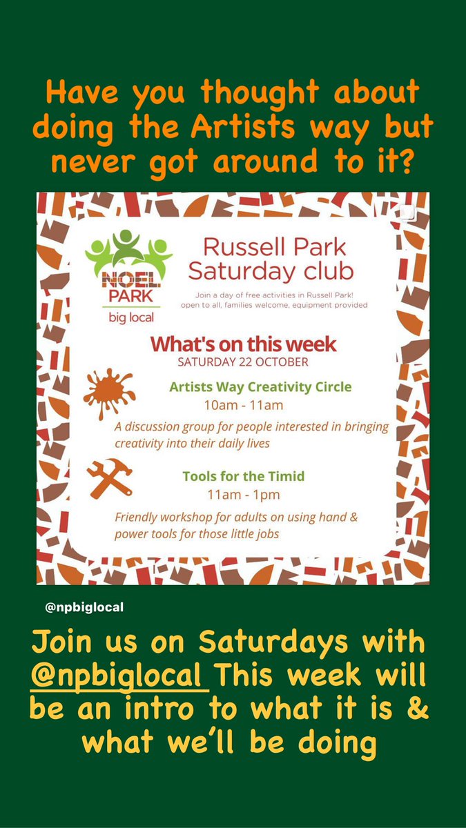 Join us for an Artist's Way discussion group  - Saturdays at Russell Park: tinyurl.com/3x35mk5p #onnoelparknet #thisisnoelpark #noelparkbiglocal @perayahmet @CatherineWest1 @MindinHaringey