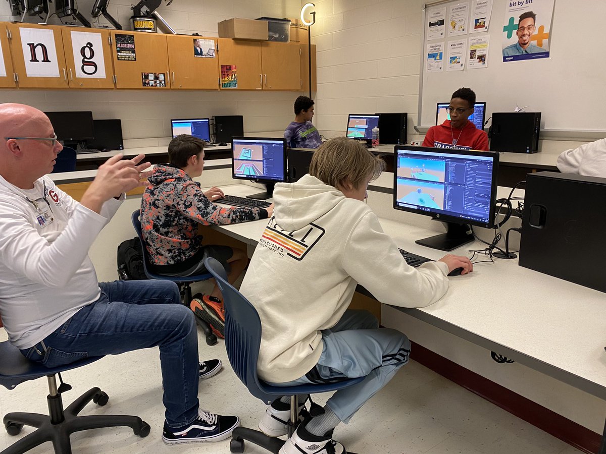 GrassfieldSTEM's tweet photo. Video games offer the mindset that allow creativity to grow!  Programming students apply the lessons learned from @MrGabelSTEM to create their first iteration of a video game 🎮. Programming is an art form! https://t.co/V65OZit5Rw