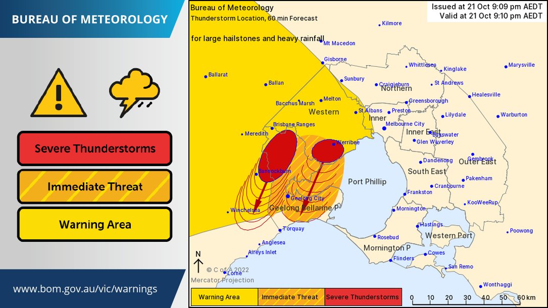 BOM_Vic's tweet photo. ⚠️ Severe Thunderstorm Warnings re-issued for #Victoria, now including #Geelong and western parts of #Melbourne. Heavy rainfall and flash flooding is the main threat. Further details at https://t.co/HLs2UYofag https://t.co/WtpQau3JhY
