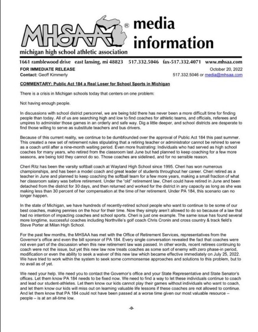 PA 184, intended to address our shortage, has prevented retirees from coaching, subbing, officiating or otherwise working in public schools.  Excludes people that have made education their lifetime career from working with  kids - during a time of staff shortages! <a href="/MHSAA/">MHSAA</a>