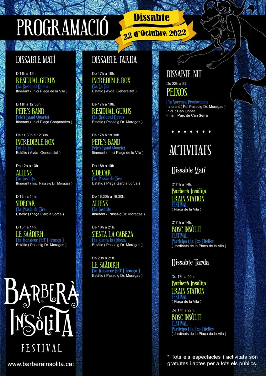 🎉 El Festival Barberà Insòlita tindrà lloc aquest dissabte 22 d'octubre, amb una
programació d'espectacles i activitats gratuïtes adreçades a tots els públics