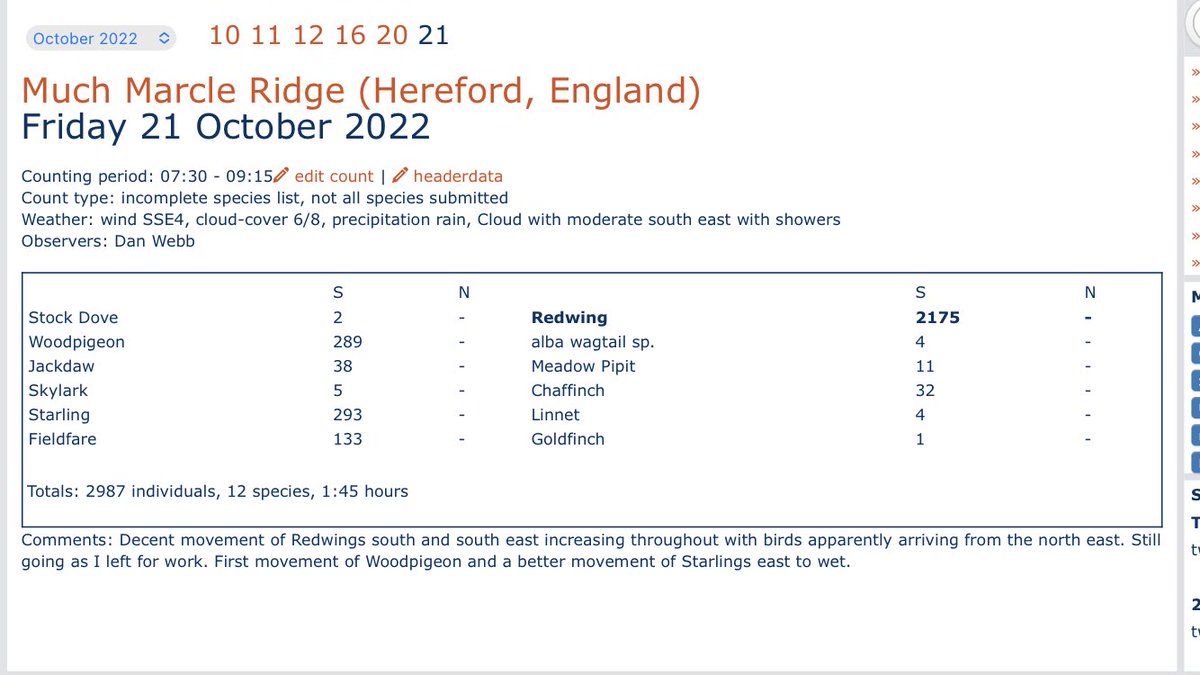 A bit of Redwing movement at Marcle Ridges with 2175 S/SE, 133 Fieldfares, 293 Starlings the highlight #vismig <a href="/HerefsBirds/">HerefordshireBirds</a>