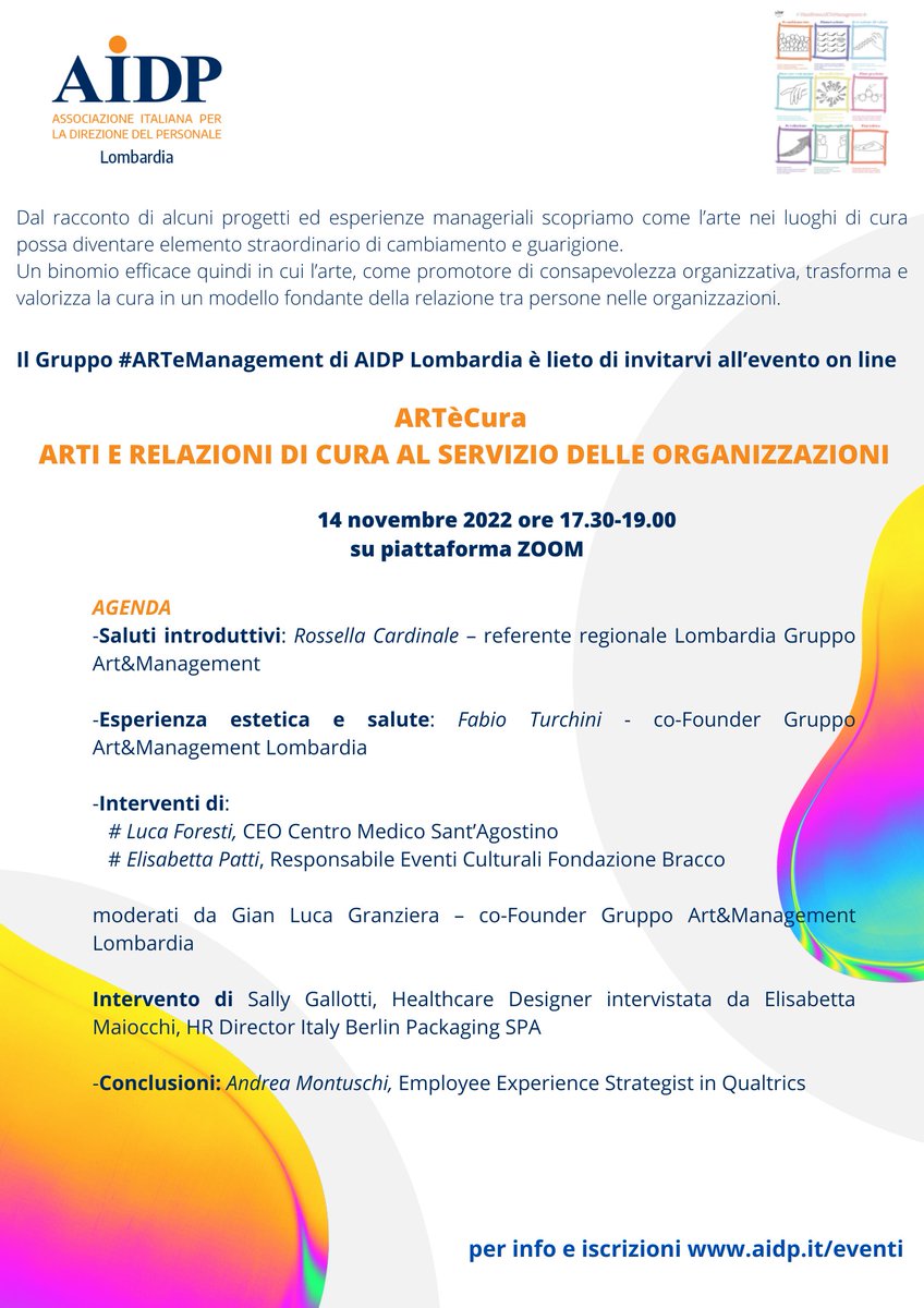 Il gruppo #Art&amp;Management di AIDP Lombardia è lieto di invitarvi al Webinar ARTèCura
ARTI E RELAZIONI DI CURA AL SERVIZIO DELLE ORGANIZZAZIONI 
14 nov dalle h. 17.30
aidp.it/events/artecur…