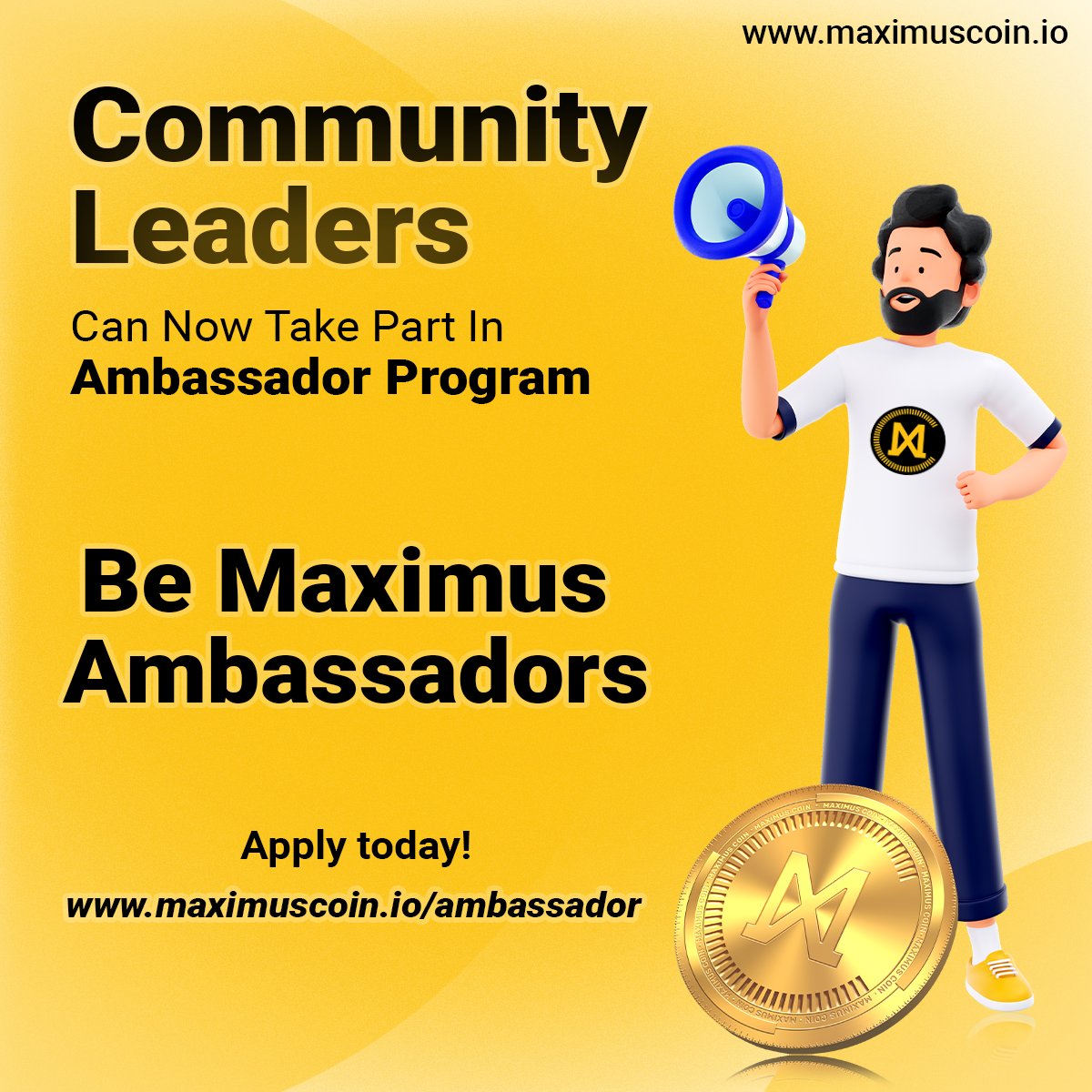 #community  leaders chance to become Maximus #Ambassador

APPLY NOW - maximuscoin.io/ambassador 

#maximustech #crypto #maximuscoin #mxz #web3 #ambassadorsearch #influencer #income #earnmoney #ambassadorswanted #cryptocurrency #ambassador #branding #opportunity #money