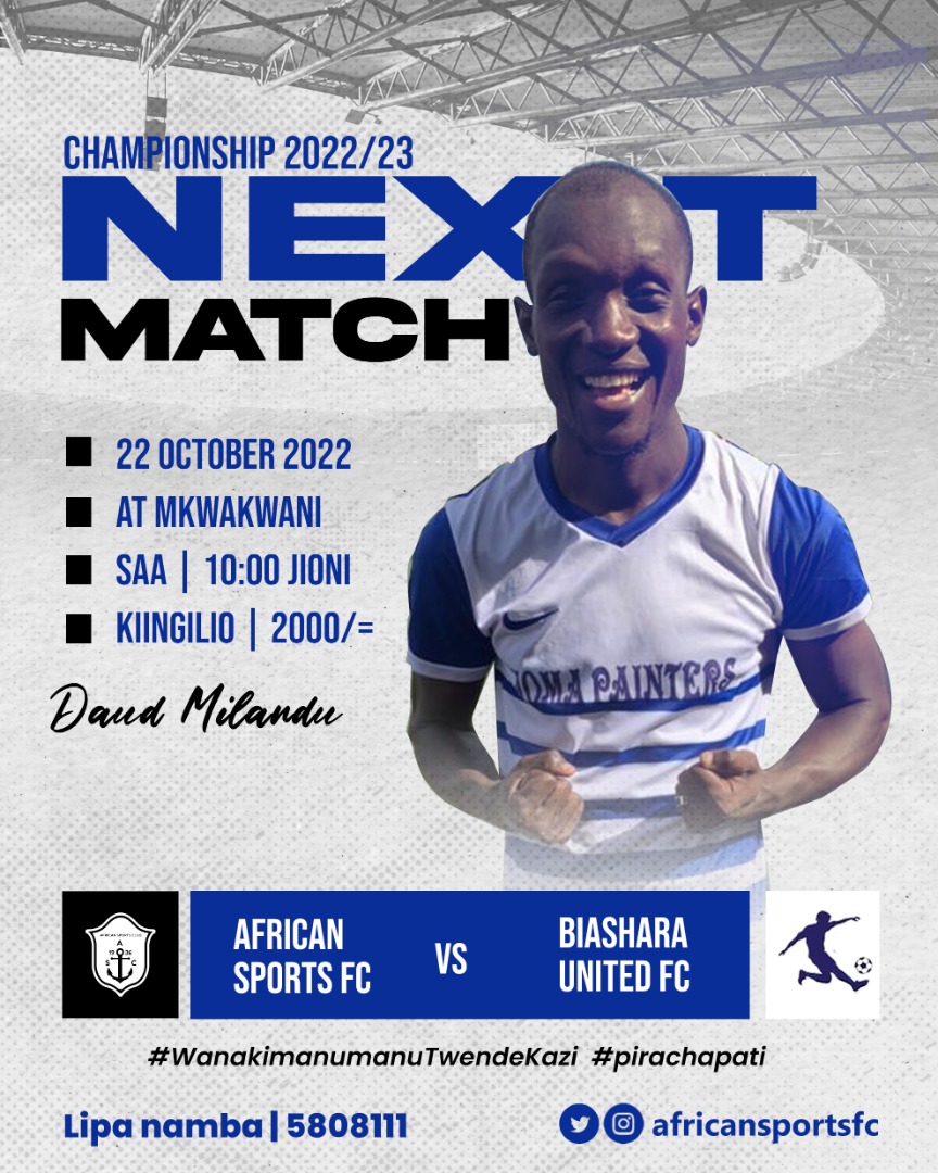 Kesho Tena!!!
⚽️ AfricanSports Vs Biashara United
📆 22/10/2022
🕓 10:00 Jioni
🏟Mkwakwani
🏆#championshiptz
#AfricansportsBiashara

#wanakimanumanutwendekazi 
#wanakimanumanu