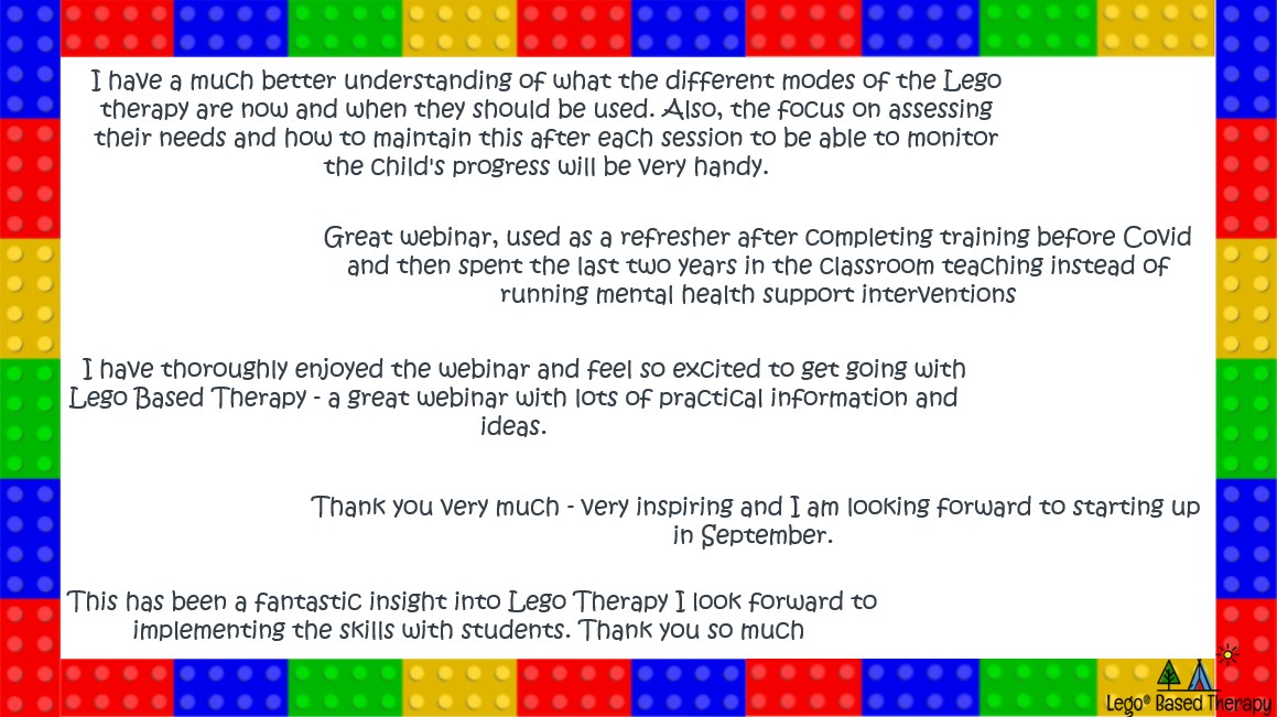 HERE IT IS

Our FINAL Webinar of the year for only £10

3 Webinars = 169 people trained so far🤯

Join us &amp; learn all about Lego® Based Therapy &amp; how you can embed the psychological underpinnings within your setting!

BOOK ON > py.pl/1ETZwt

#legotherapy #edutwitter