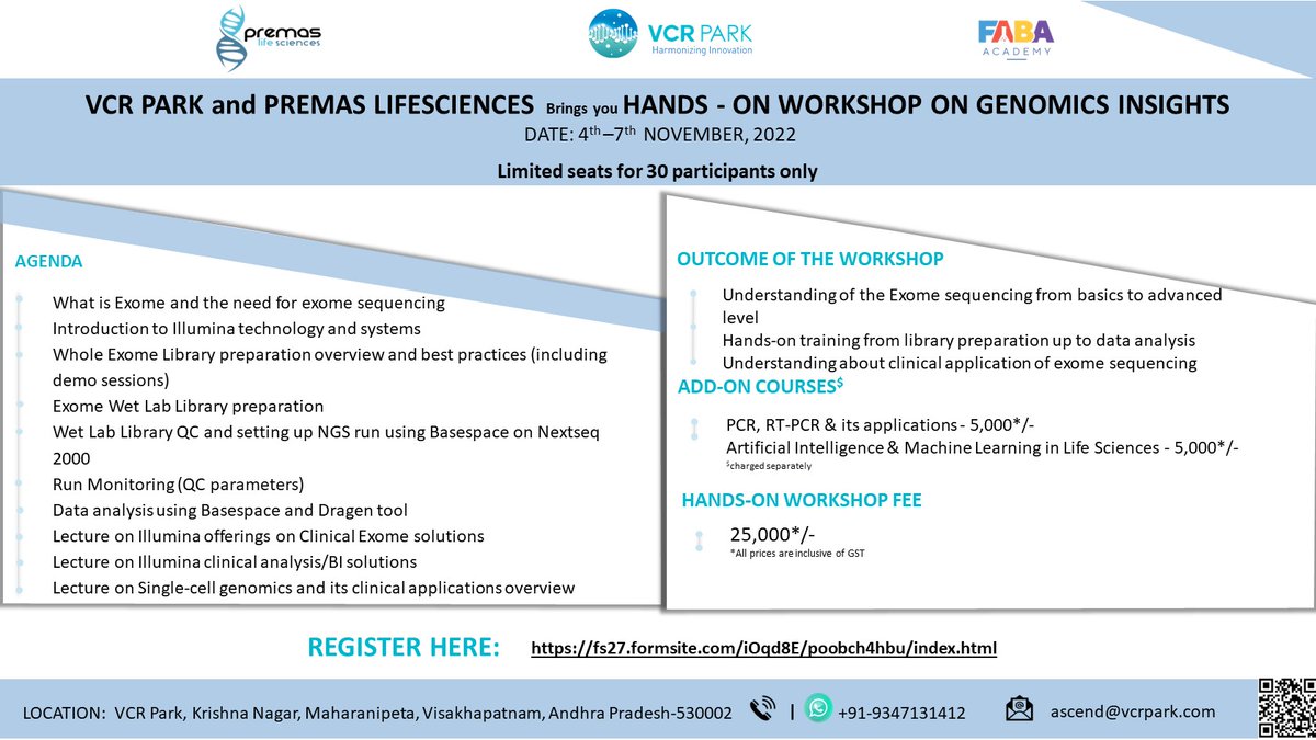 VCR Park (@vcrpark) on Twitter photo VCR Park is organizing a NGS (Exome Seq) #handson #workshop on #Genomics Insights (Registration Link: fs27.formsite.com/iOqd8E/poobch4… ) under the ASCEND Executive Graduate Program, in association with <a href="/PremasLifeSc/">Premas Life Sciences</a> & @Biofaba3
, during Nov 4-7th, 2022. #biotech #pathologists #NGS #PCR VCR Park is organizing a NGS (Exome Seq) #handson #workshop on #Genomics Insights (Registration Link: fs27.formsite.com/iOqd8E/poobch4… ) under the ASCEND Executive Graduate Program, in association with <a href="/PremasLifeSc/">Premas Life Sciences</a> & @Biofaba3
, during Nov 4-7th, 2022. #biotech #pathologists #NGS #PCR
