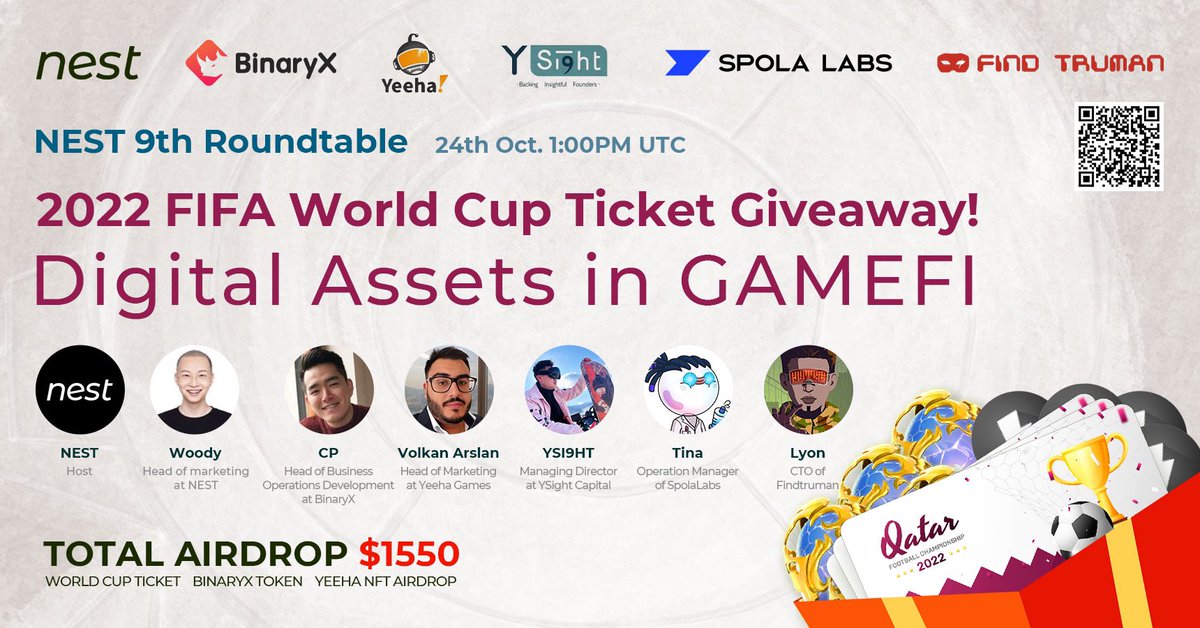 NEST Roundtable 9：Digital Assets in GameFi ⏰ 1PM UTC, 24th Oct. 📍 @NEST_Protocol #SpacesHost        Guests: @binary_x @YeehaGames @YSI9HT @SpolaLabs @FindTruman Twitter space Airdrop $1550 (2022 FIFA World Cup Ticket Giveaway!)