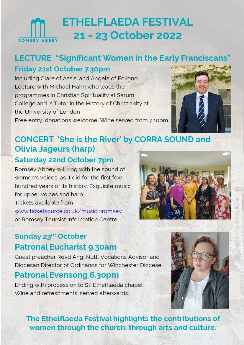romseyabbey's tweet photo. Join us for our Ethelflaeda Festival this weekend 21-23 October.
Fri 7.30pm Lecture with Michael Hahn 
Sat 7pm Concert with Corra Sound https://t.co/ySZdTTZlFt
Sun 9.30am Patronal Eucharist with Angi Nutt 
Sun 6.30pm Patronal Evensong followed by wine and refreshments https://t.co/ze46rLIkCC