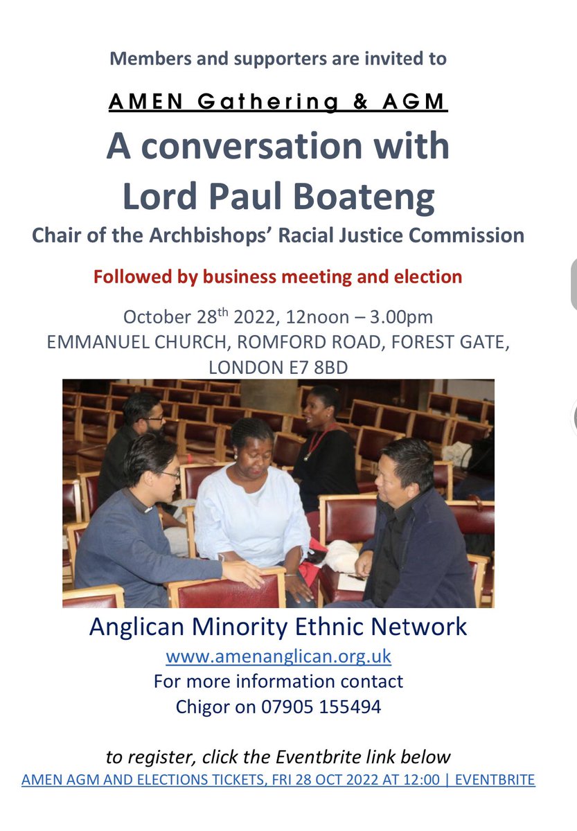 Friends, you are invited to an AMEN event, 

A Conversation with Lord Boateng and AGM. 

Fri 28th Oct, 12noon-3.00pm; 

VENUE: Emmanuel Church, Romford Road, Forest Gate, London E7 8BD. 

“Let us gather and work together for a better world.”