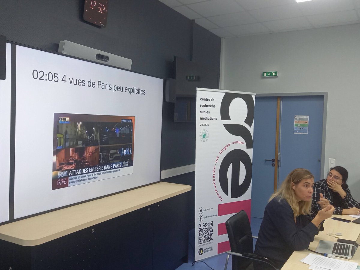 MarieChagnoux's tweet photo. #Attentats &amp; #TraitementsMédiatiques Aurélie Aubert du @cemti_paris8 décompose de manière très détaillée le traitement de l'info par BFM le soir du #13Novembre @Crem_UL https://t.co/dBRYnauAgp