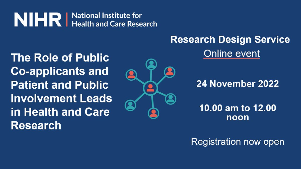 Registration is now live for the RDS event, 'The Role of Public Co-applicants & PPI Leads in health and care research.' It will be held online on 24 November 2022. The event details and registration can be found on Eventbrite bit.ly/3gp6fhJ @NIHRresearch