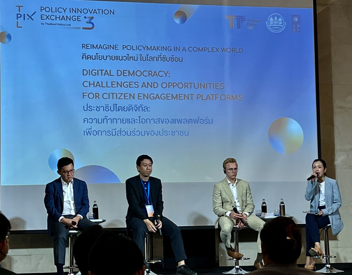 renaudmeyer's tweet photo. Give voice, reduce inequalities, strengthen social cohesion: #digital platform/tools offer many opportunities to deepen #democracy. Great discussion at #PIX3 from @THPolicyLab with Mayor Pongsak from @yalacity_ycm, Deputy Gov Sanon @pr_bangkok & Erik from Better Reykjavik 🇮🇸 https://t.co/Vp4TFQpWgZ