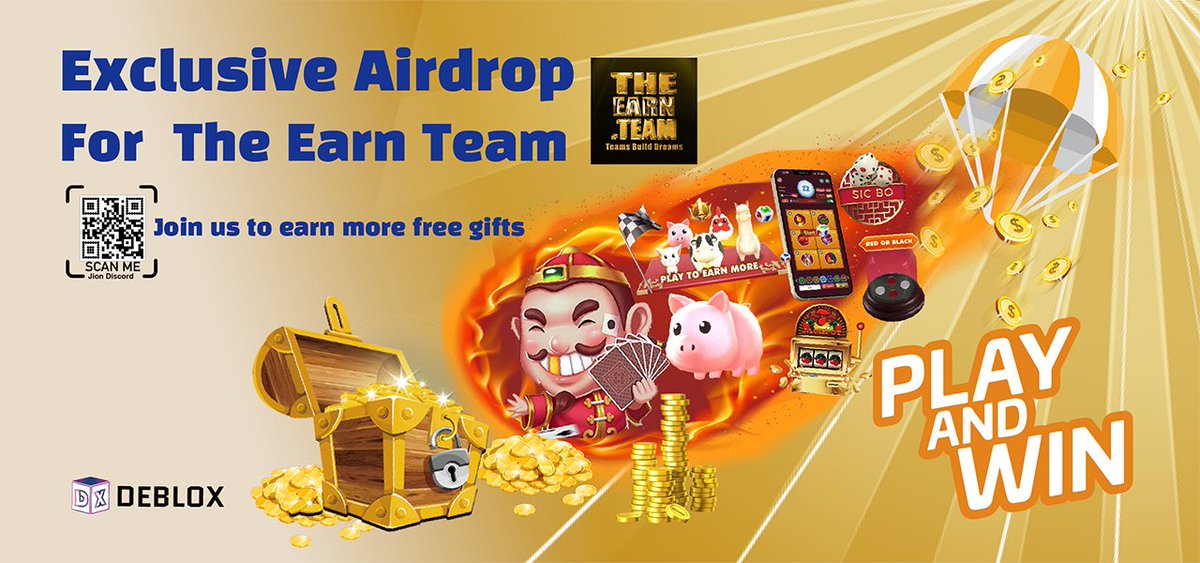 🥳1 Million Dollars Treasure Hunt (Exclusive for The Earn Team community) 
💰 50*400DGSG per winner FCFS
⏲️Period: Oct 21, 20:00 to Oct 23, 20:00 (UTC +8)
📏Rules:
1. Follow <a href="/Debloxio/">Deblox.io</a>
2. RT &amp; ❤️
3. Join DC and get Hunter roles
4. Filled WL form
⌛️End of Oct 23
💰Claim Oct 25
#P2E