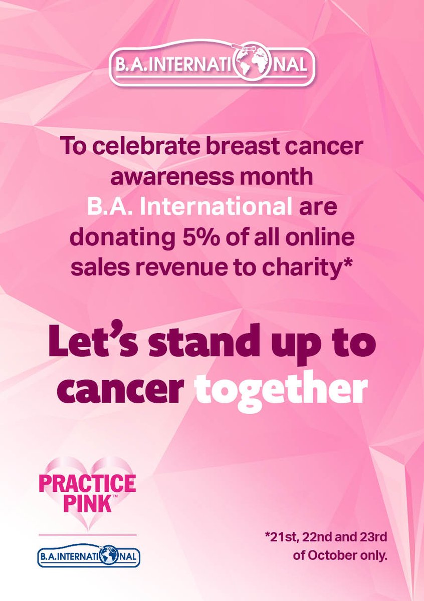 BAinternational's tweet photo. In celebration and support of Breast Cancer Awareness month, BA International are donating 5% of all online sales to charity! https://t.co/d5WZu86kew