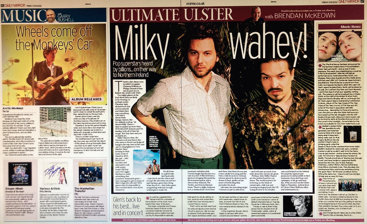 Friday is Ultimate Ulster day in your @dailymirror @Reach_NI this week featuring @MilkyChance @UlsterHall @NIMusicPrize @BullittBelfast @TheQandD @DefLeppard and @MotleyCrue in Dublin… plus @garrybushell album reviews of course!