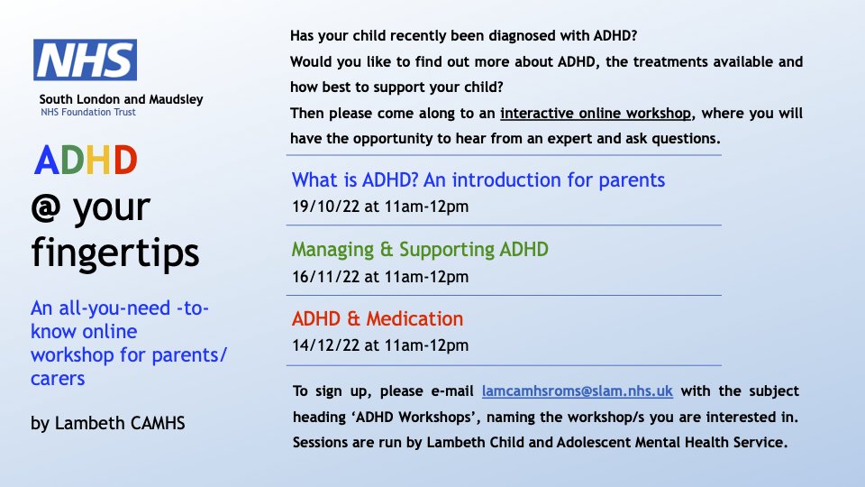 ArcsLambeth's tweet photo. Living in Lambeth? Look after a child/children with ADHD and want to find out more about how you can support them? Lambeth CAMHS are holding online interactive workshops... https://t.co/RvZybwe569