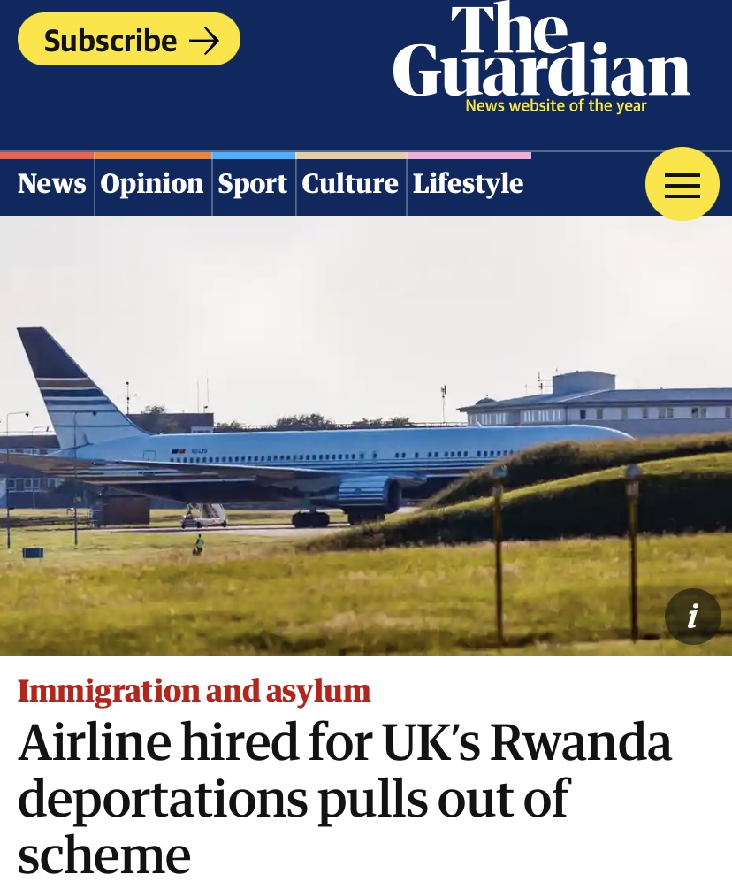 Wow - great news that the airline hired to deport refugees to #Rwanda has pulled out of the scheme. Just as this Govt crumbles, its grotesque and inhumane deportation policy is crumbling with it