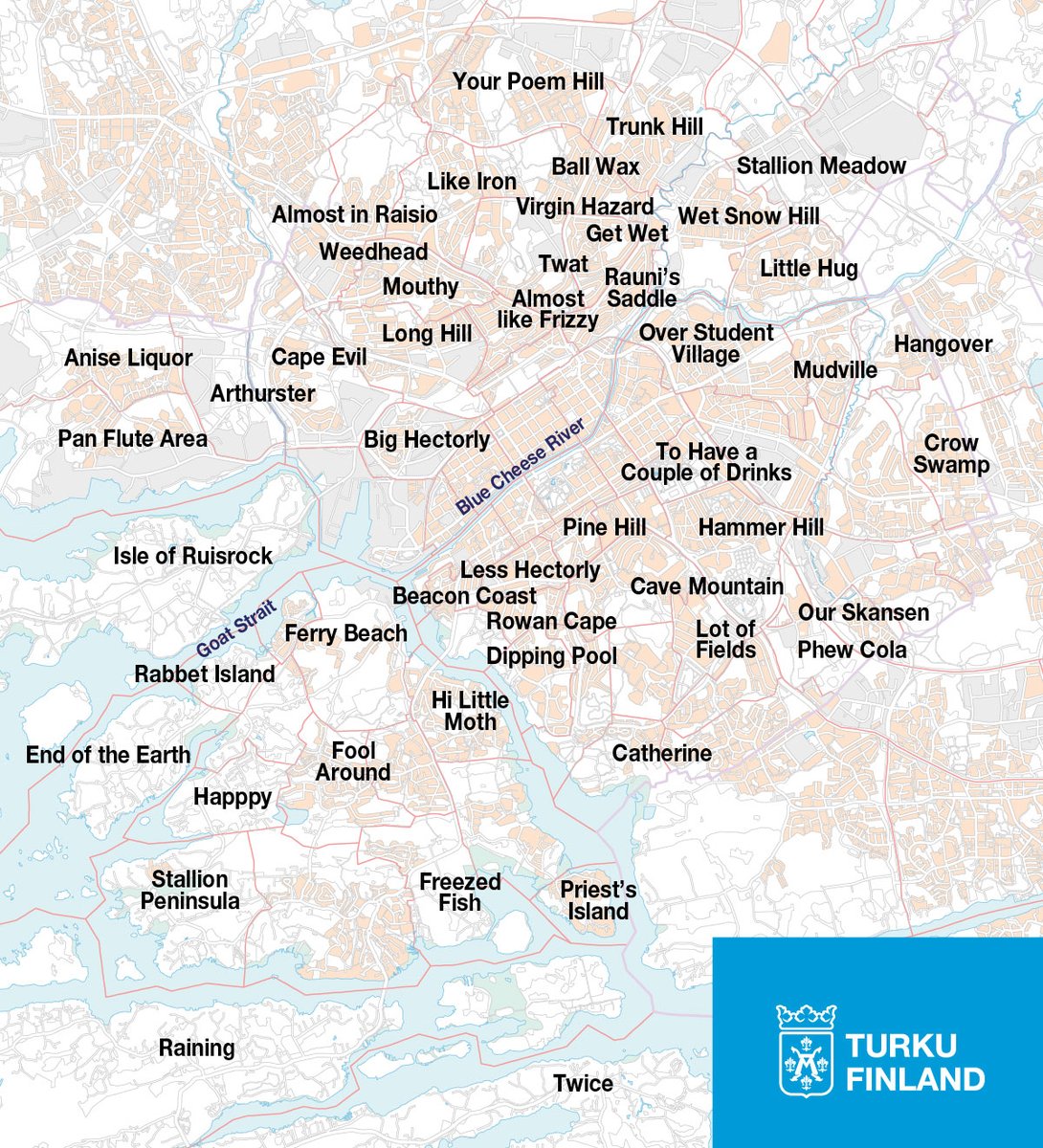 Turkukaupunki's tweet photo. Turku on kansainvälinen kaupunki, joten pitihän meidänkin saada kartta paikannimistä englanniksi. 😉 Olkaa hyvät, The place names of Turku in English.

Inspiraatiosta kiitos @HelsinkiKymp 

🌼 Kommenttia kehiin, mitä käännöskukkasia jäi puuttumaan?

@cityofturku #Turku https://t.co/QjUC9v1jjW