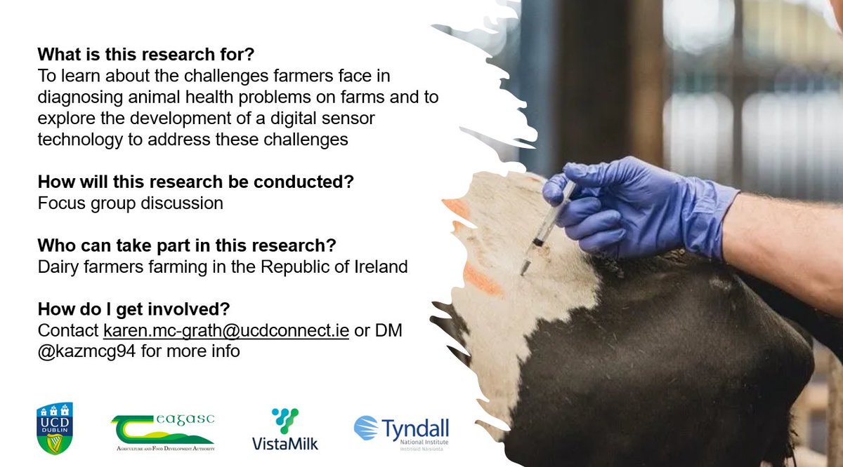 We are looking for farmers to take part in our research which looks at the potential of digital #agritech to address some of the most pressing #animalhealth issues on Irish farms

If you are a dairy farmer in the ROI we would love to hear from you! 🐮🇮🇪

RT welcome 🙏