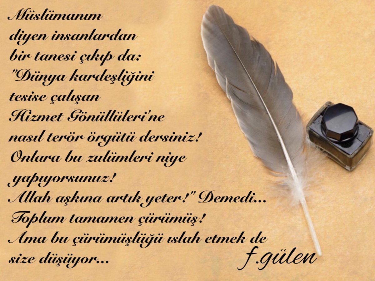 Müslümanım diyen insanlardan bir tanesi çıkıp da: "Dünya kardeşliğini tesise çalışan Hizmet Gönüllüleri'ne  nasıl terör örgütü dersiniz! Onlara bu zulümleri niye yapıyorsunuz! Allah aşkına artık yeter!" Demedi...
#FGülen
İnsaniYardım Suçsa