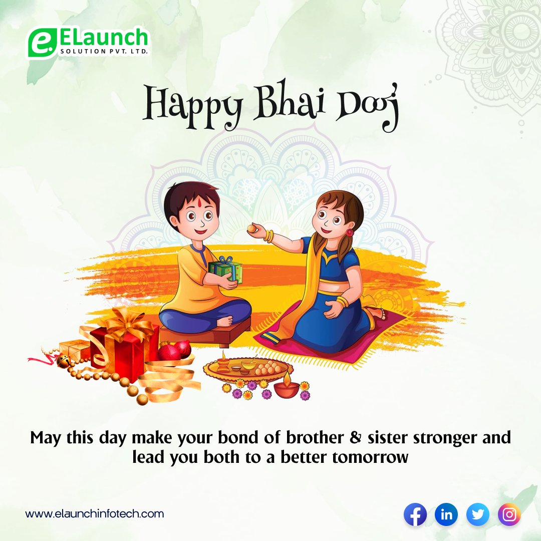 elaunchsolution's tweet photo. It is time to celebrate the bond of #love &amp; trust between two souls united by the purest form of #friendship. 
Elaunch Soltions team wish #HappyBhaiDooj to all #brothers &amp; #sisters!

#bhaidooj #bhai #celebrate #festivals #festivalwishes #diwali #itcompany #surat #elaunchsolution https://t.co/FtjIrT8MCw