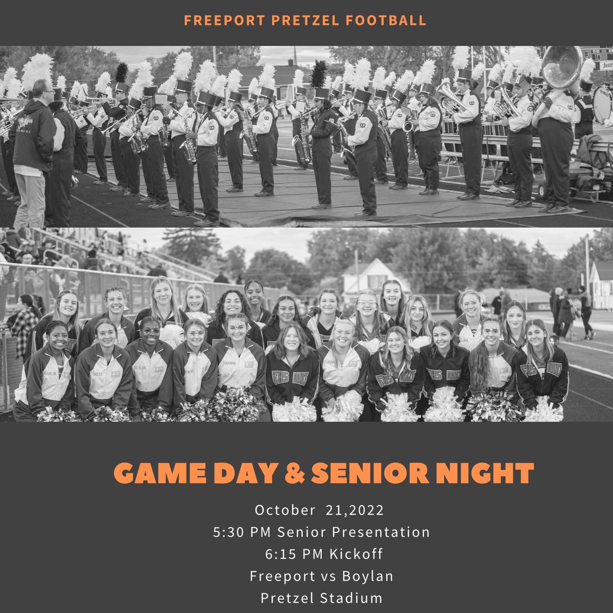 torrisifam4's tweet photo. Game Day
5:30 PM -Senior Night Recognition -Band, Cheer  &amp; Poms 
6:15 PM - Kickoff
Come show your support for these amazing Senior Students and show Boylan why Pretzel Fans are the best kind of twisted!@pretzelspirit @PretzSports @pretzelfansclub @pretzelpridenet @ConnArtist99 https://t.co/BHB95uEY3k