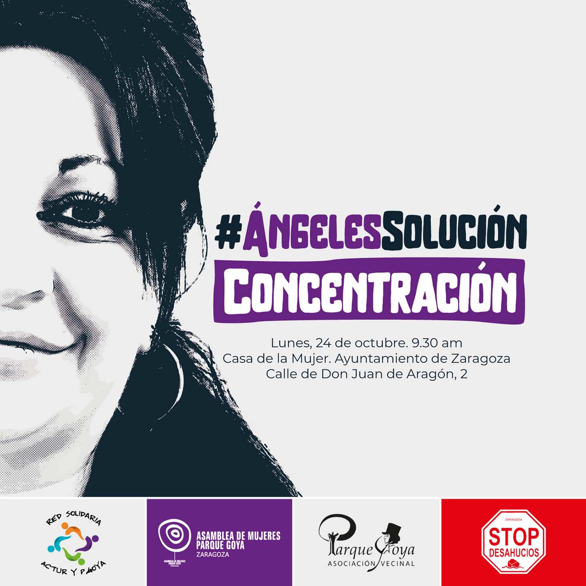 DesahuciadxsZGZ's tweet photo. Por todo ello redoblaremos la campaña #ÁngelesSolución y señalaremos el doble maltrato al que se ven sometidas las mujeres supervivientes de violencia machista. La de sus agresores y la de las instituciones. La campaña no terminará hasta que se cumpla lo justamente demandado. https://t.co/KLlEh3veWI