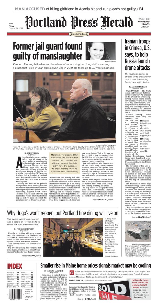 Today's Press Herald front page, Friday, October 21, 2022 pressherald.com  pressherald.com/ePaper