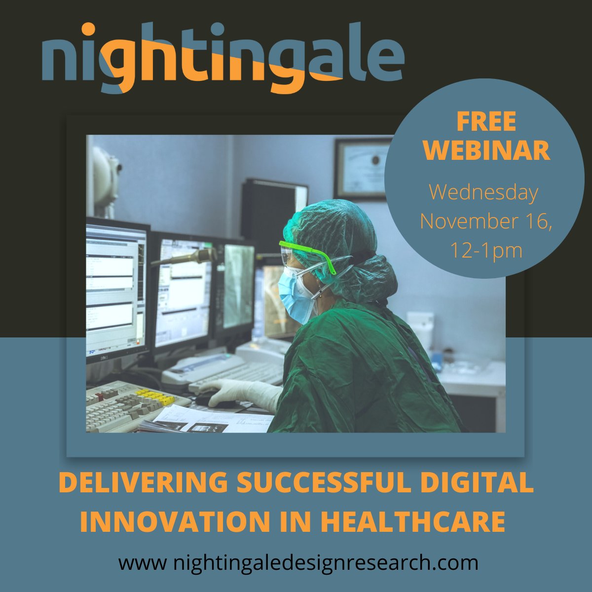 Developing products and services for healthcare?  
Nightingale would like to invite you to a free webinar "Delivering successful digital innovation in healthcare" on 16th November 2022 at 12pm.
Register on our website: nightingaledesignresearch.com/webinar
#webinar #healthcare #designresearch