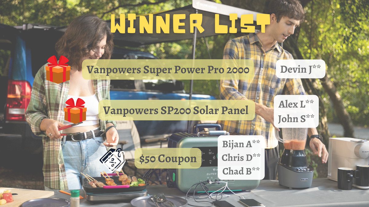 vanpowers_inc's tweet photo. 🎁#SuperPowerPro #Giveaway #WINNERLIST🎁

Congratulations to:
1st prize  Devin J**
Win a Vanpowers Super Power Pro 2000 portable power station.
2nd prize  Alex L** and John S**
Both win a Vanpowers SP200 Solar Panel.
3rd Prize  Bijan A**, Chris D**, Chad B**
All win a $50 coupon. https://t.co/2faBiyIM63