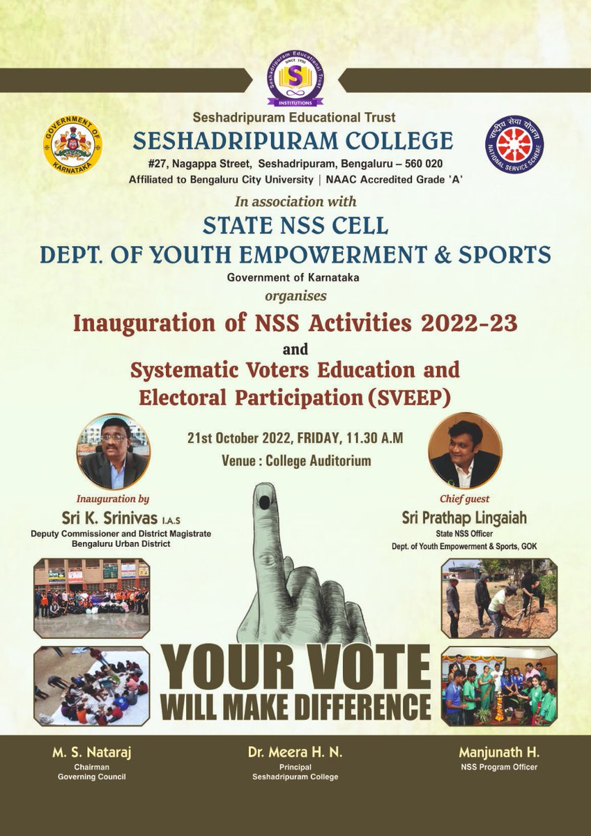 KarnatakaNss's tweet photo. The State NSS Cell, GoK. in association with the NSS Unit of Seshadripuram college conducted Systematic Voters Education and Electoral Participation (SVEEP) and Inauguration of NSS Activities 2022-23 at College Auditorium of Seshadripuram College, Bengaluru. (1/2) https://t.co/4NTcnE3J4z