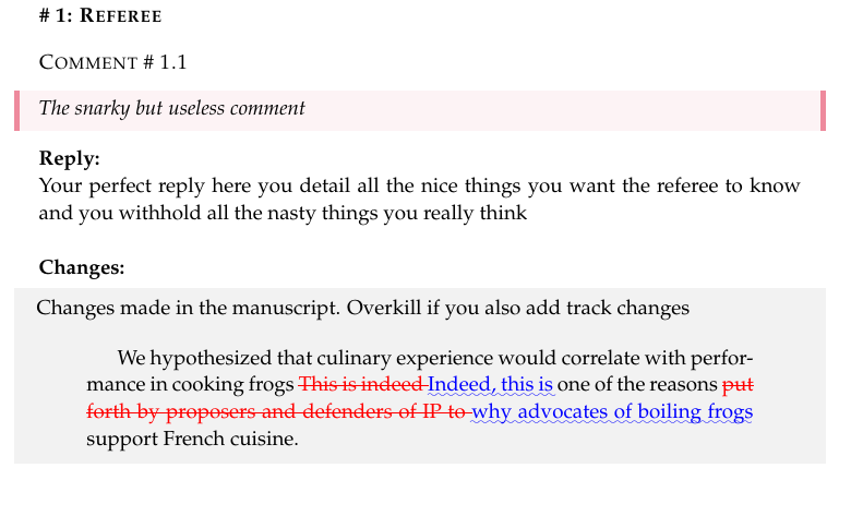 Nerd alert: here you'll find a LaTeX template to reply to referees.

As everybody else I am just winging it, so I patched this together from code sent by <a href="/ploteo/">Matteo Ploner</a> some years ago + googling + stitching latexdiff code in. 

Feel free to use &amp; share.

Code: bit.ly/3gtm3A7