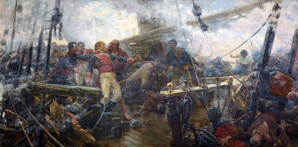 Le capitaine de vaisseau espagnol Cosme Damián Churruca, commandant du 74 canons San Juan Nepomuceno, mortellement touché pendant la bataille de Trafalgar, le 21 octobre 1805. Il fut promu amiral à titre posthume. Peinture d'Eugenio Álvarez Dumont, 1892.