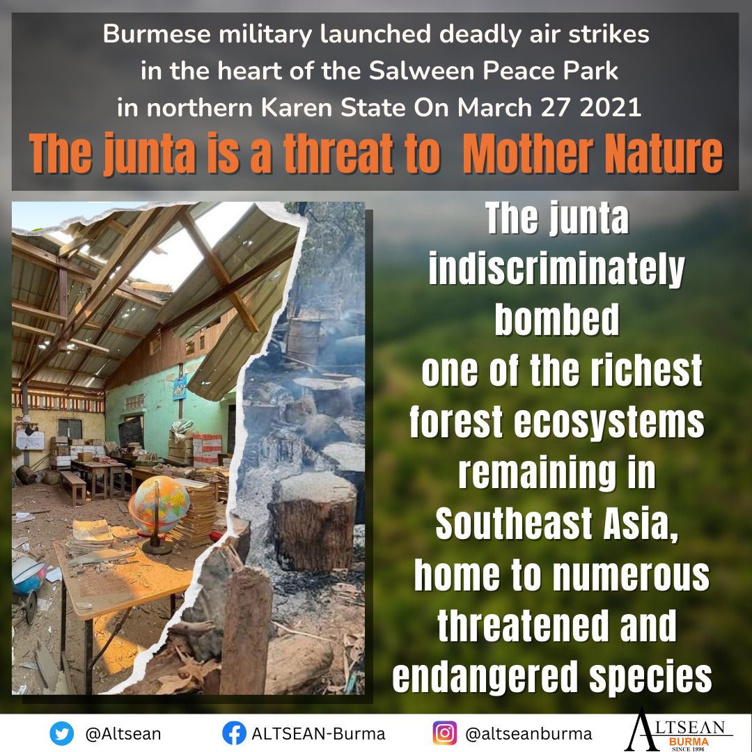 🔴Last year #Myanmarmilitaryterrorist bombed @SalweenP which is one of the richest forest ecosystems remaining in #SoutheastAsia🌿 ⚠️International action is needed to prevent the junta from destroying nature and committing further atrocities.👎 #Whatishappeninginmyanmar #COP27