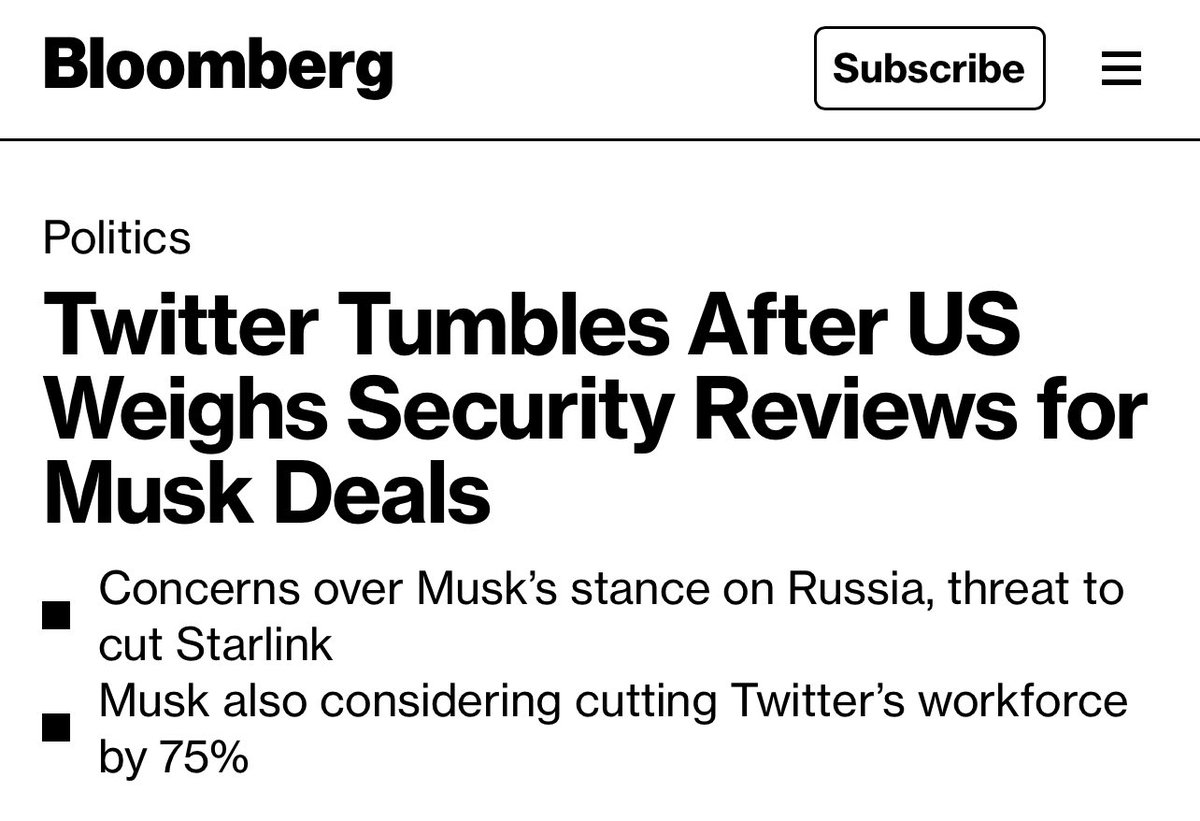 Finally. We ABSOLUTELY need national security reviews of Elon’s attempt to buy Twitter and abusive ownership of Starlink. Too much at stake