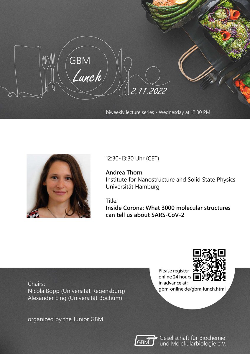 Save the date: 55th #GBMLunch on Nov 2, Andrea Thorn @ThornLab @unihh on „Inside #Corona: What 3000 molecular structures can tell us about #SARS-CoV-2”, organized by @JuniorGBM, more information and registration at gbm-online.de/gbm-lunch.html