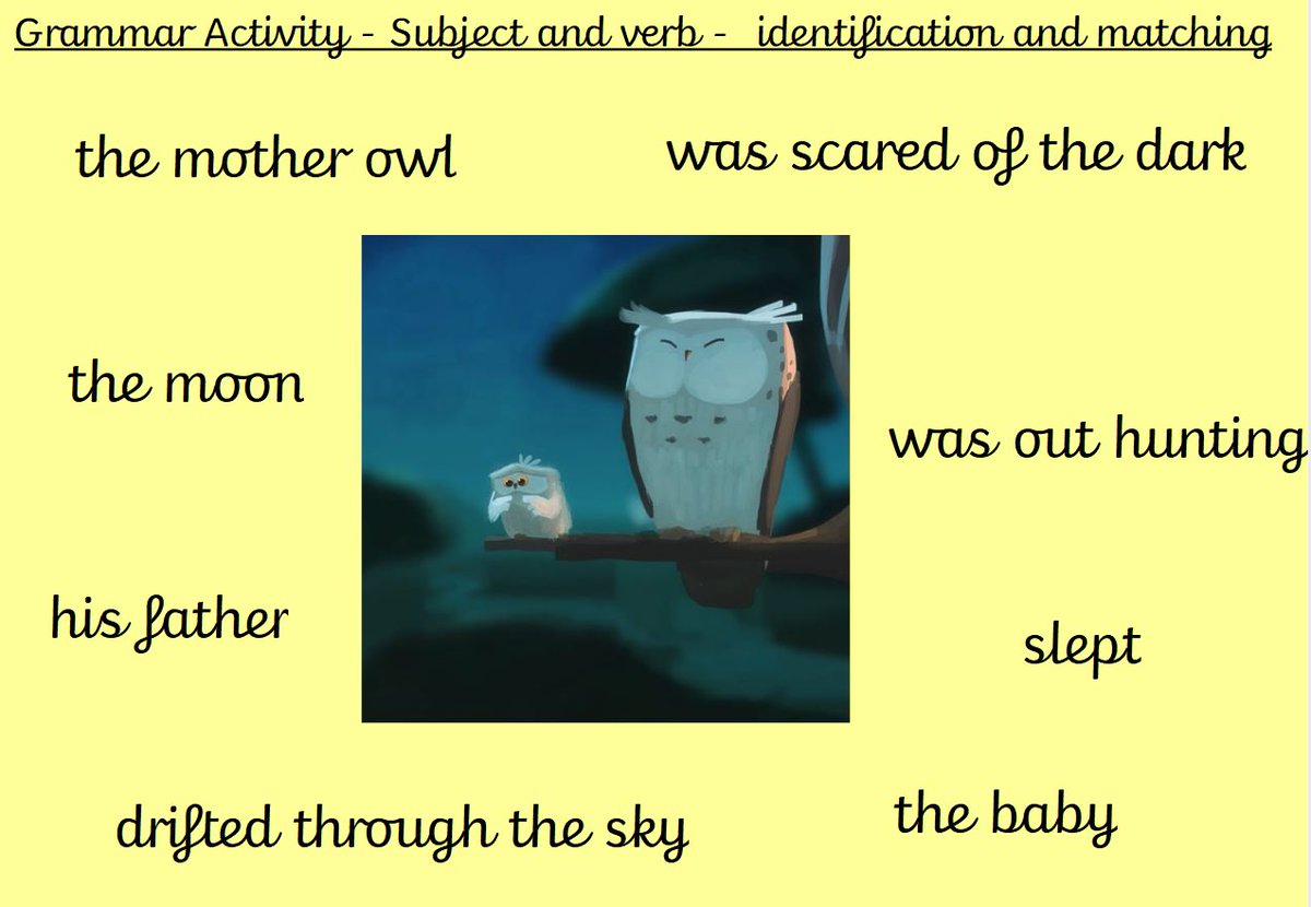 So, what did we do?

We first focused on securing an understanding of subjects and verbs. I provided sentences split into two fragments and then jumbled up for children to practise identifying which contained the subject and which contained the verb. We'd pair them up at the end.