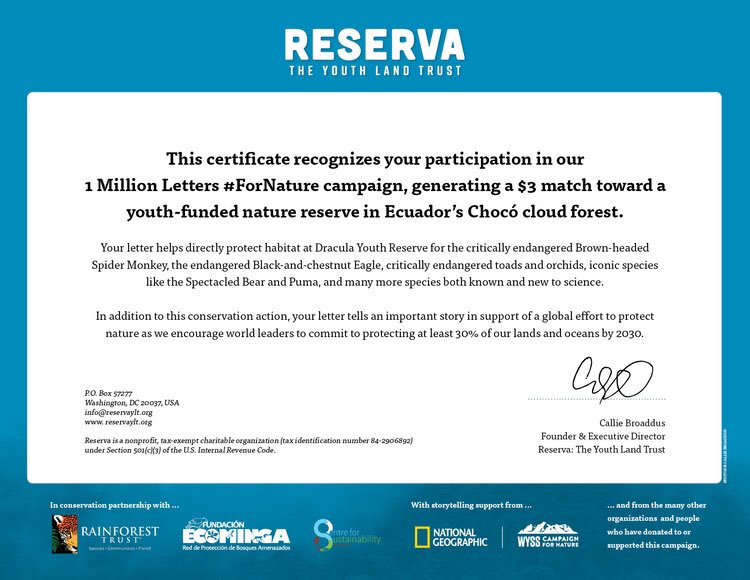 ClaraTBrown's tweet photo. The #1millionlettersfornature campaign directly protects the habitat of critically endangered species such as the Brown-headed spider monkey. Glad to support the work of @ReservaYLT as a #YOUNGAdelegate. #1millionletters @BridgingTheGapX #YOUNGAImpact https://t.co/D2zeIfUl1s